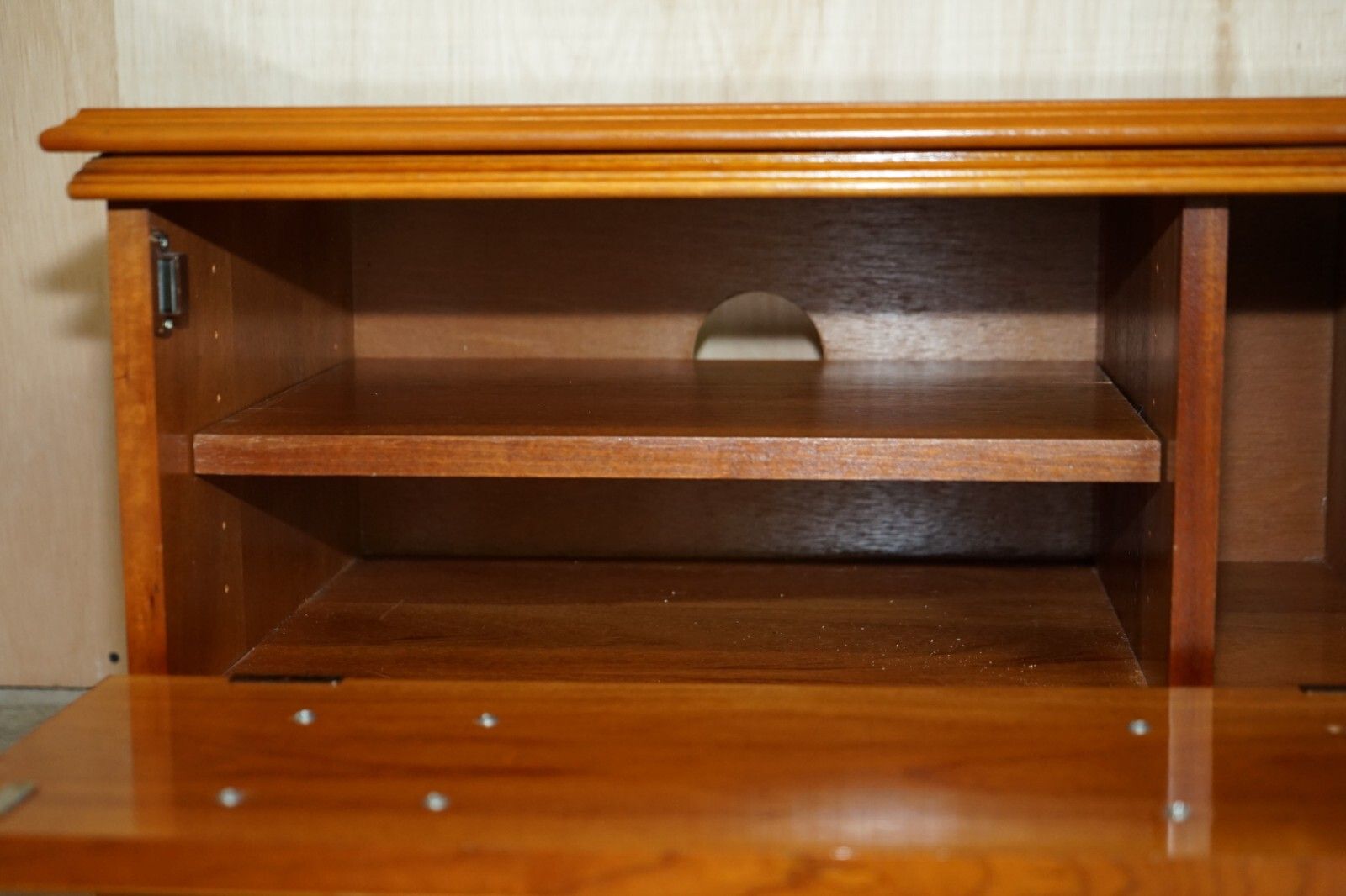 650.0 Burr Yew Wood Drop Front Media Television Stand Designed To Hide Sky Boxes Etc photo