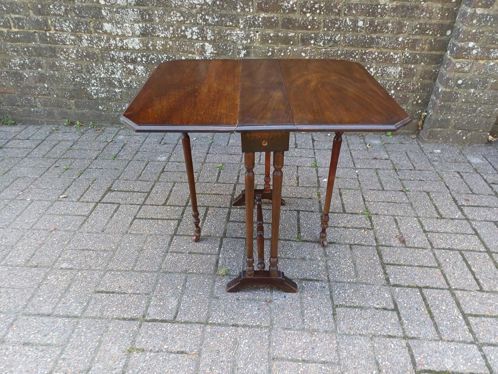 Antique Solid Mahogany Inlaid Sutherland Table 19thc Drop Leaf Folding Occasional Side Lamp Tea Table With Turned Legs & Porcelain Castors