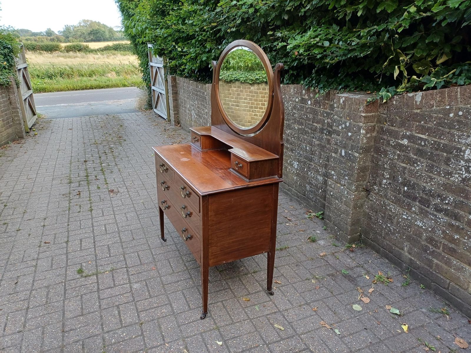 Antique Edwardian Mahogany Dressing Table With Oval Mirror & Brass Handles – Early 20th Century Vanity Chest Of Drawers photo buy