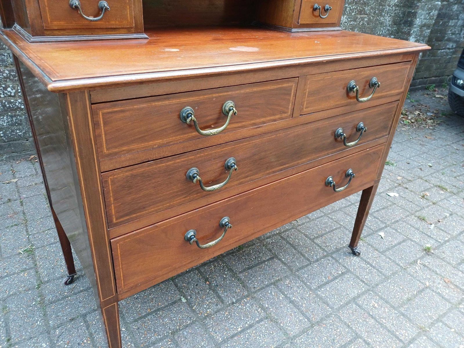 photo for sale Antique Edwardian Mahogany Dressing Table With Oval Mirror & Brass Handles – Early 20th Century Vanity Chest Of Drawers