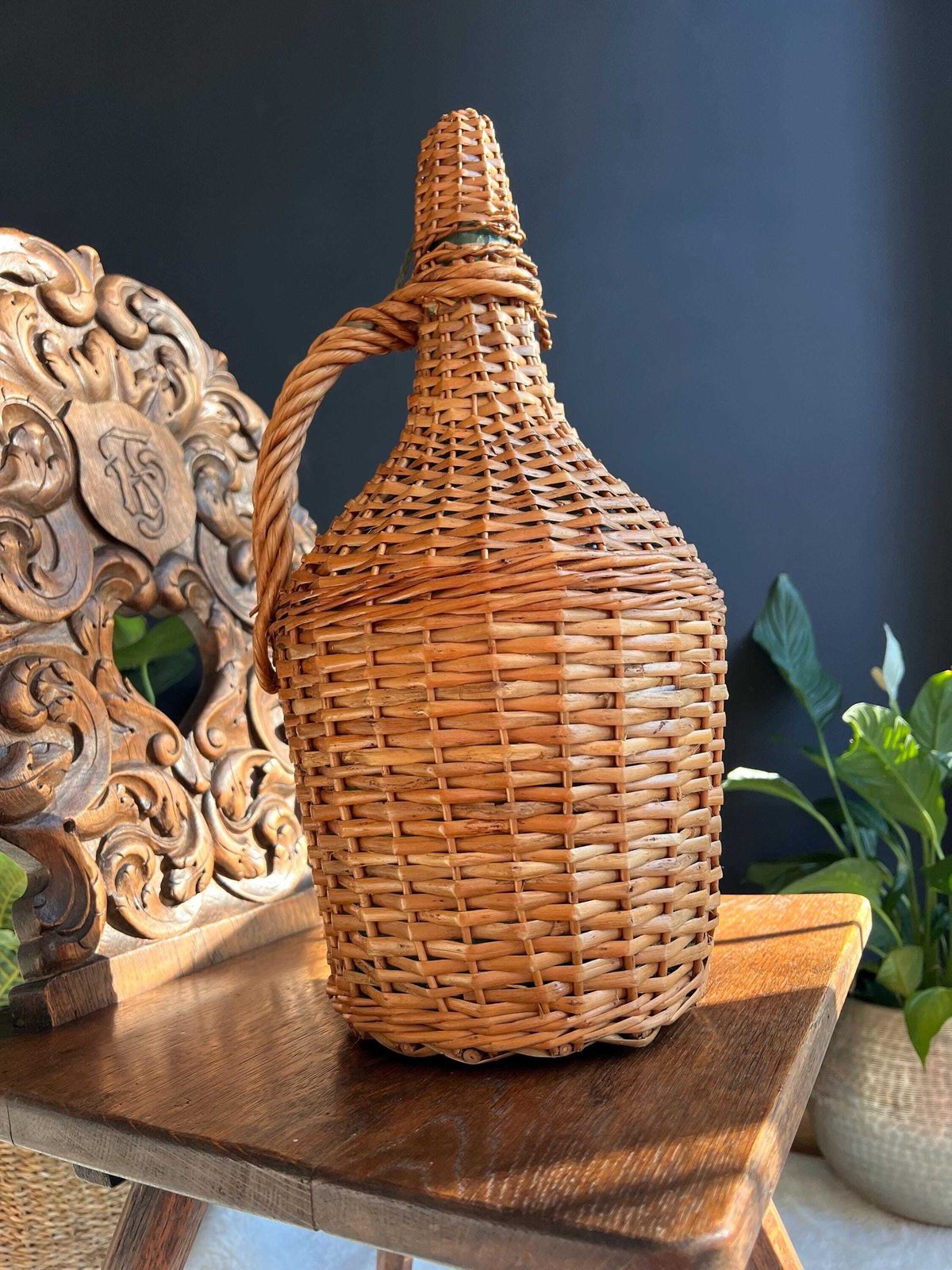 Vintage Woven Wicker Demijohn | Rustic Farmhouse Glass Bottle | Antique Carboy With Handle | French Country Decor | Boho Wedding Vase photo furniture