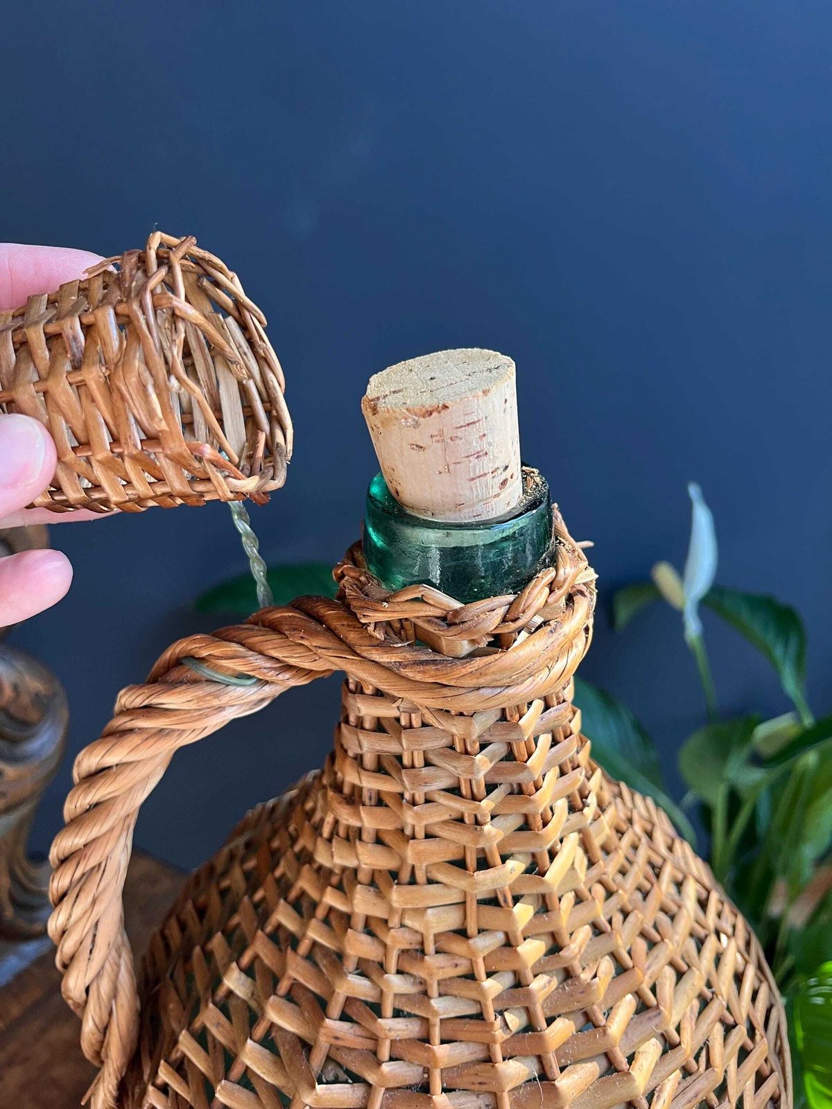 Vintage Woven Wicker Demijohn | Rustic Farmhouse Glass Bottle | Antique Carboy With Handle | French Country Decor | Boho Wedding Vase photo Home Decor