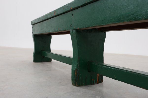 Rustic Primitive Green Farmhouse Bench In Oak, France, 1900s photo vinterior