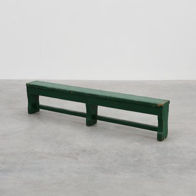 Rustic Primitive Green Farmhouse Bench In Oak, France, 1900s