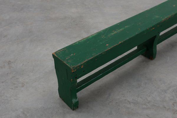 Rustic Primitive Green Farmhouse Bench In Oak, France, 1900s photo for sale