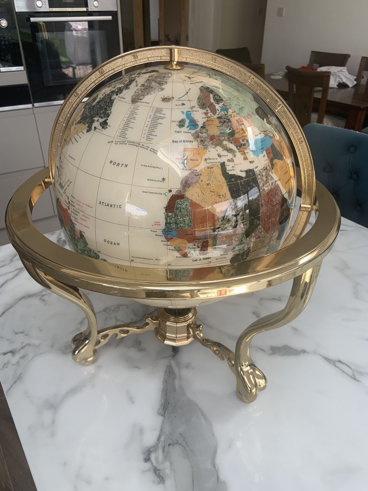 Mid 20th Century Pietra Dura World Globe With Brass Meridian & Footed Stand