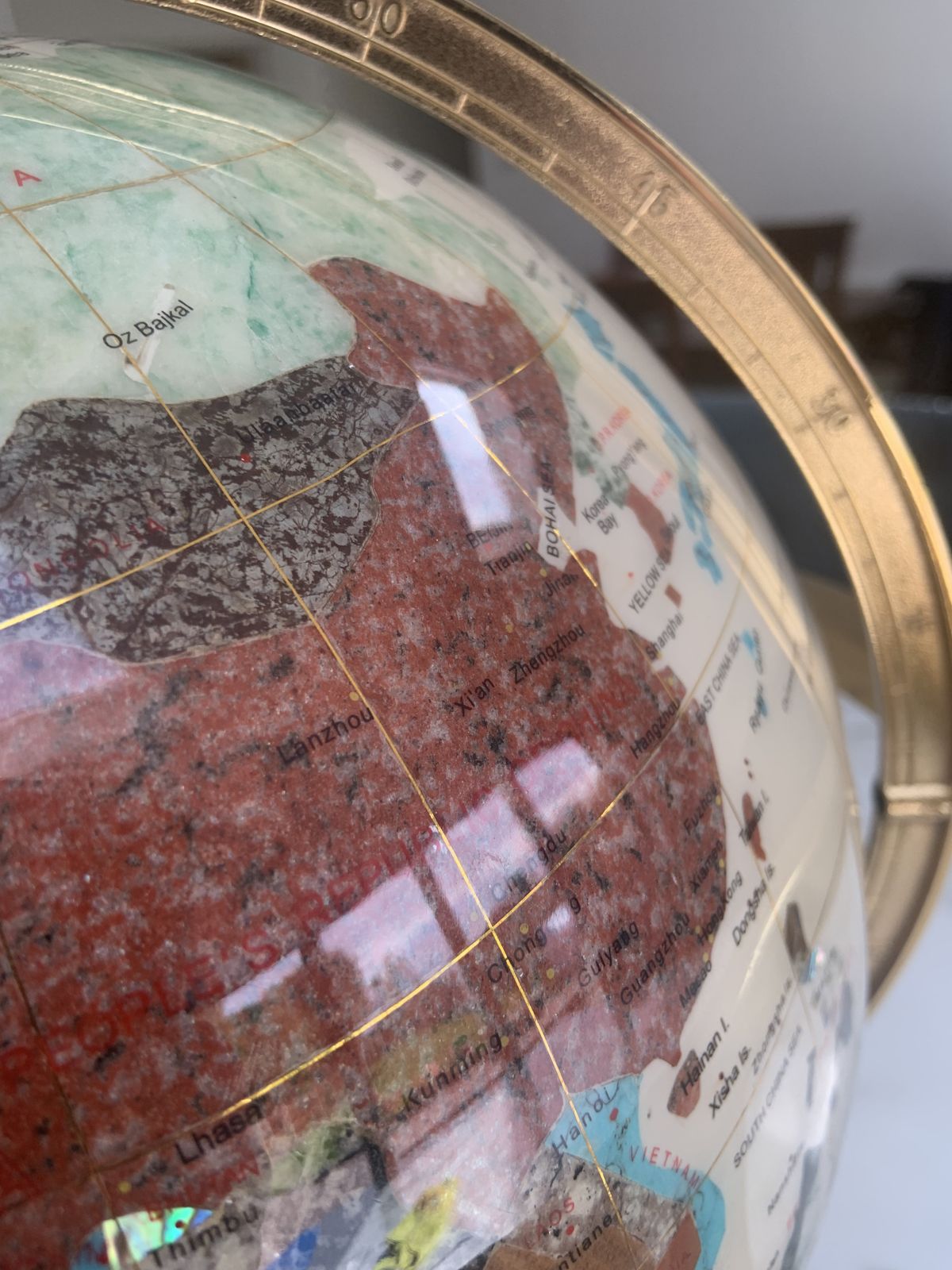 500.0 Mid 20th Century Pietra Dura World Globe With Brass Meridian & Footed Stand photo