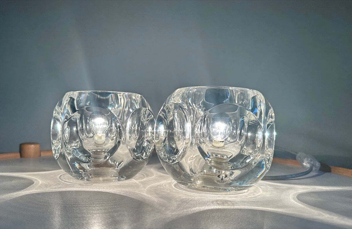 Pair Of 1970s German Peill & Putzler Clear Circular Concave Glass Table Lamps photo buy