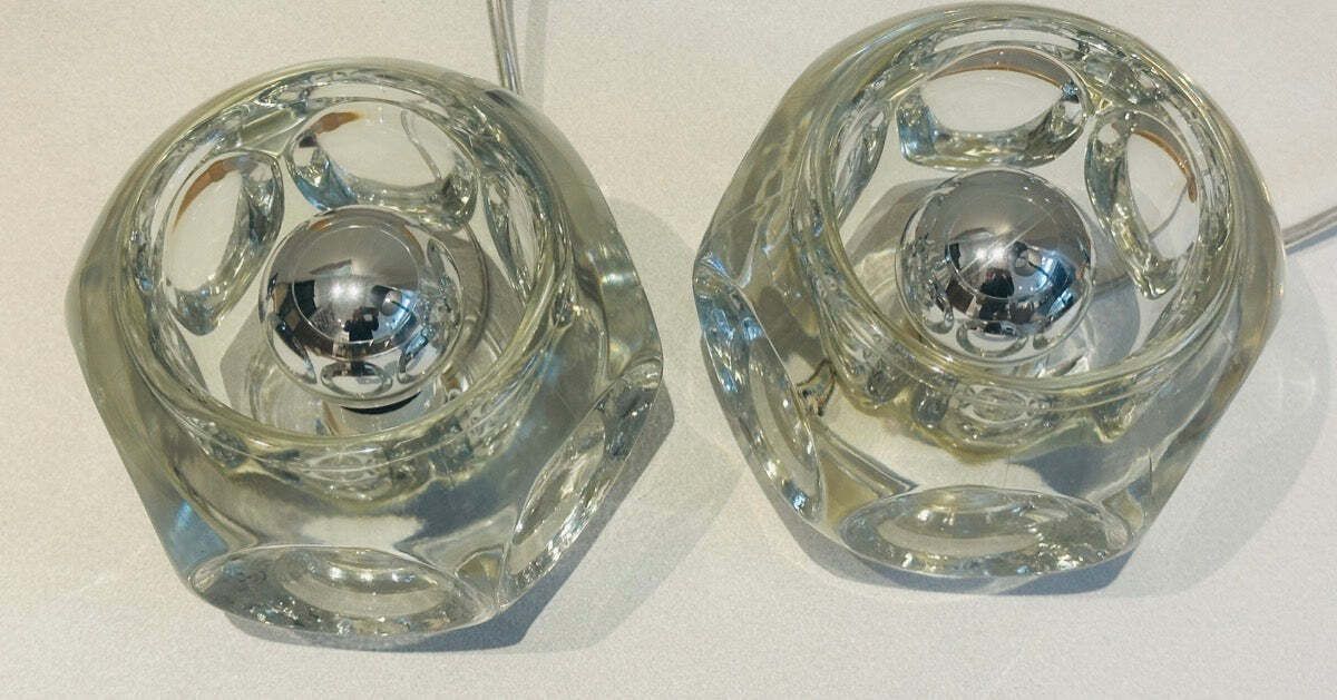 photo buy Pair Of 1970s German Peill & Putzler Clear Circular Concave Glass Table Lamps