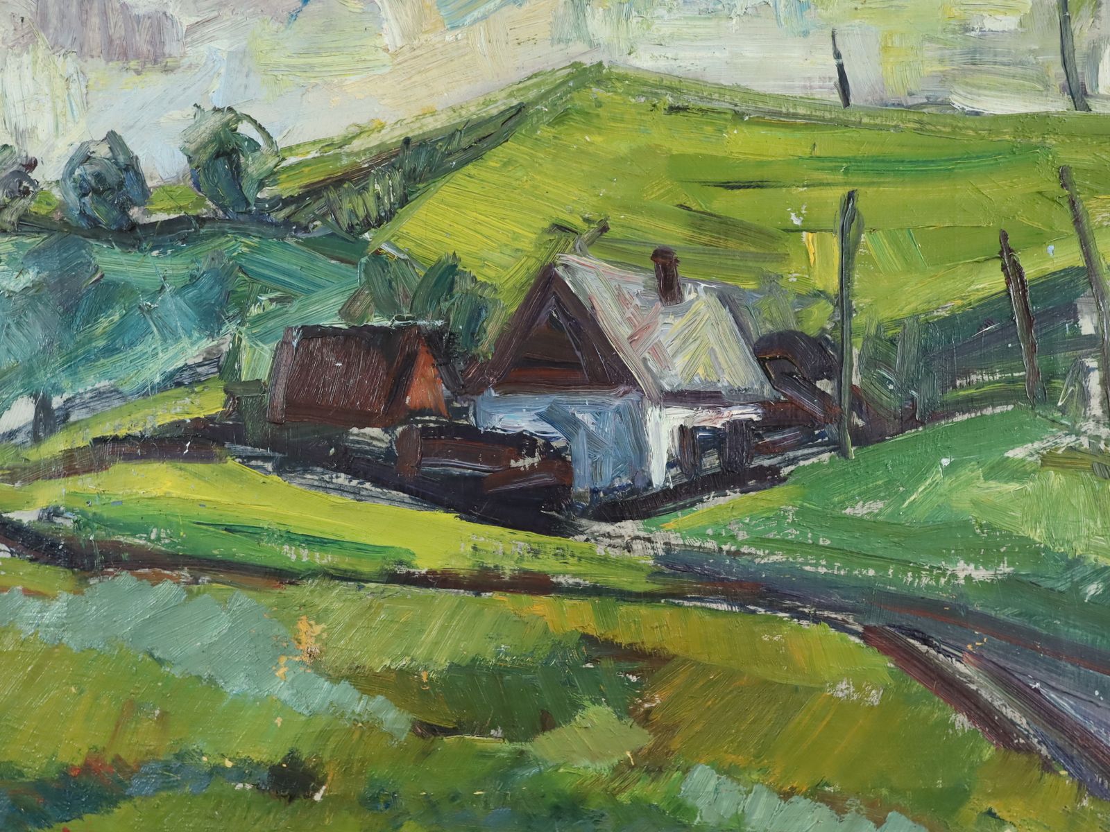 Cottage Among Green Hills  Oil Painting photo vintage