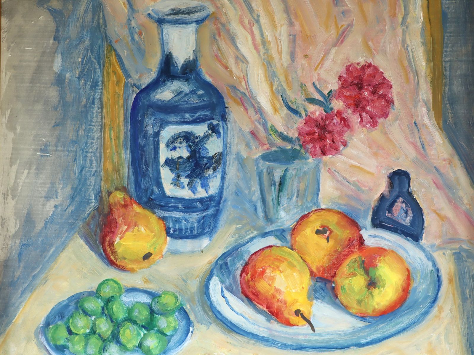 Fruit & Vase On A Table  Oil Painting photo vintage