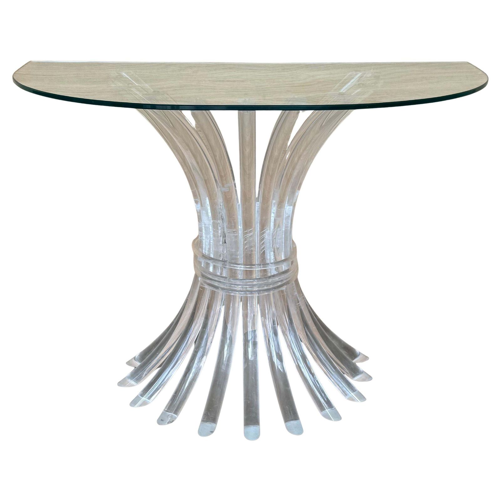 Demilune Console Table With Lucite Pedestal Base And Clear Glass Top