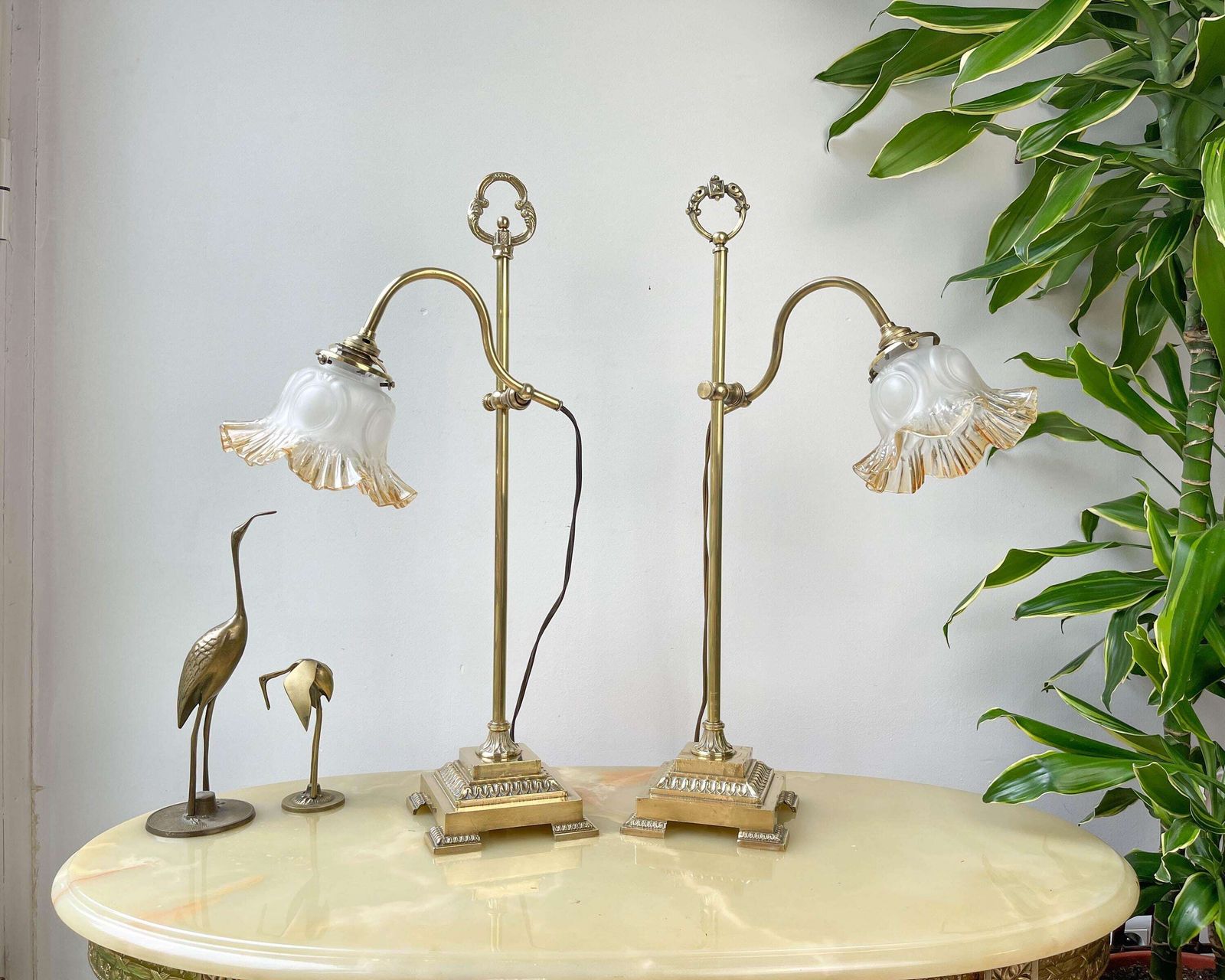 Pair Of Art Deco Swan Neck Desk Lamps – Gilded Brass & Glass Tulip 20s/30s – Vintage Articulated Lamps