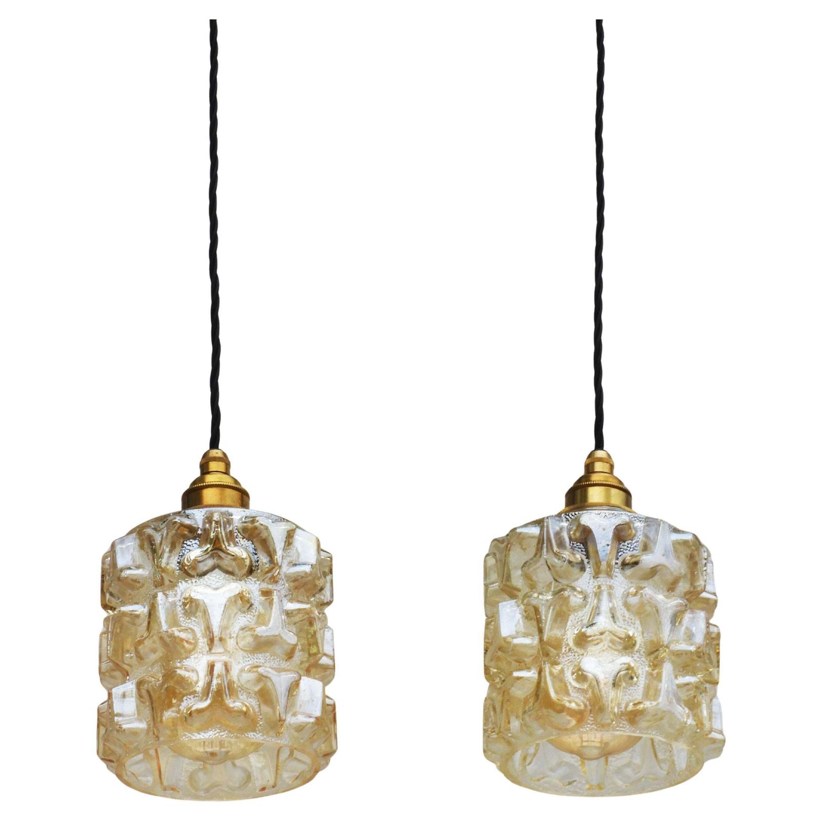 Pair French Mid Century Amber Glass Pendant Lights C1970