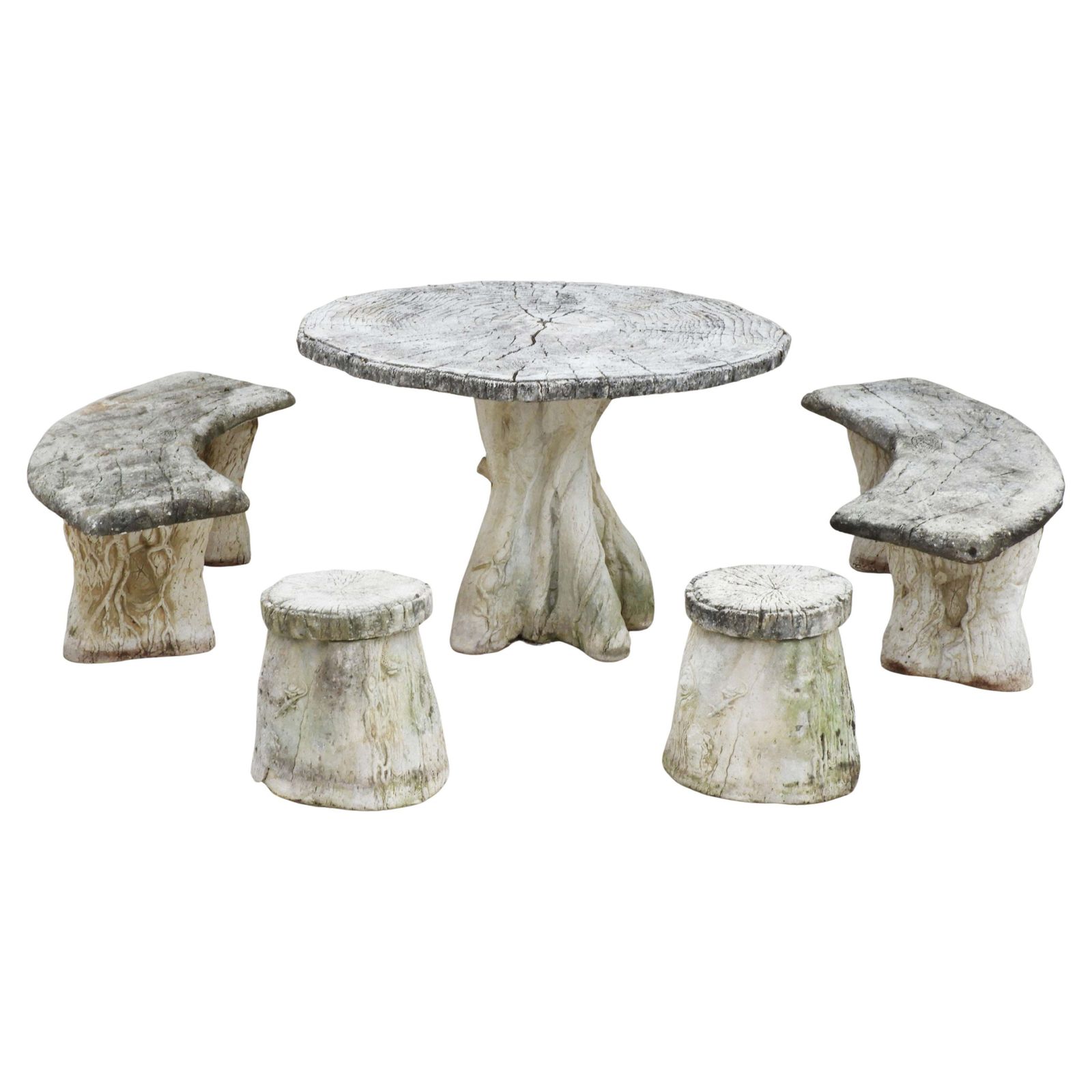 French Faux Bois Garden Set, Table, Benches And Stools C1960