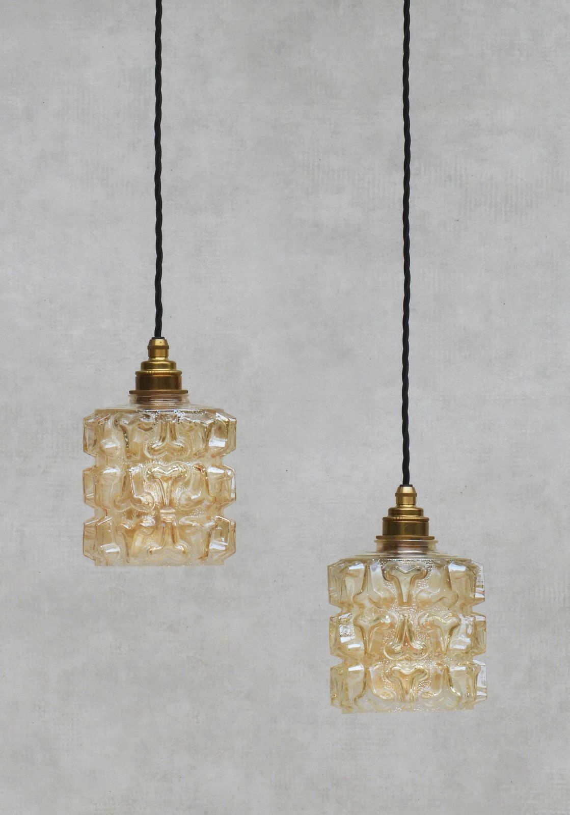 Pair French Mid Century Amber Glass Pendant Lights C1970 photo Lighting