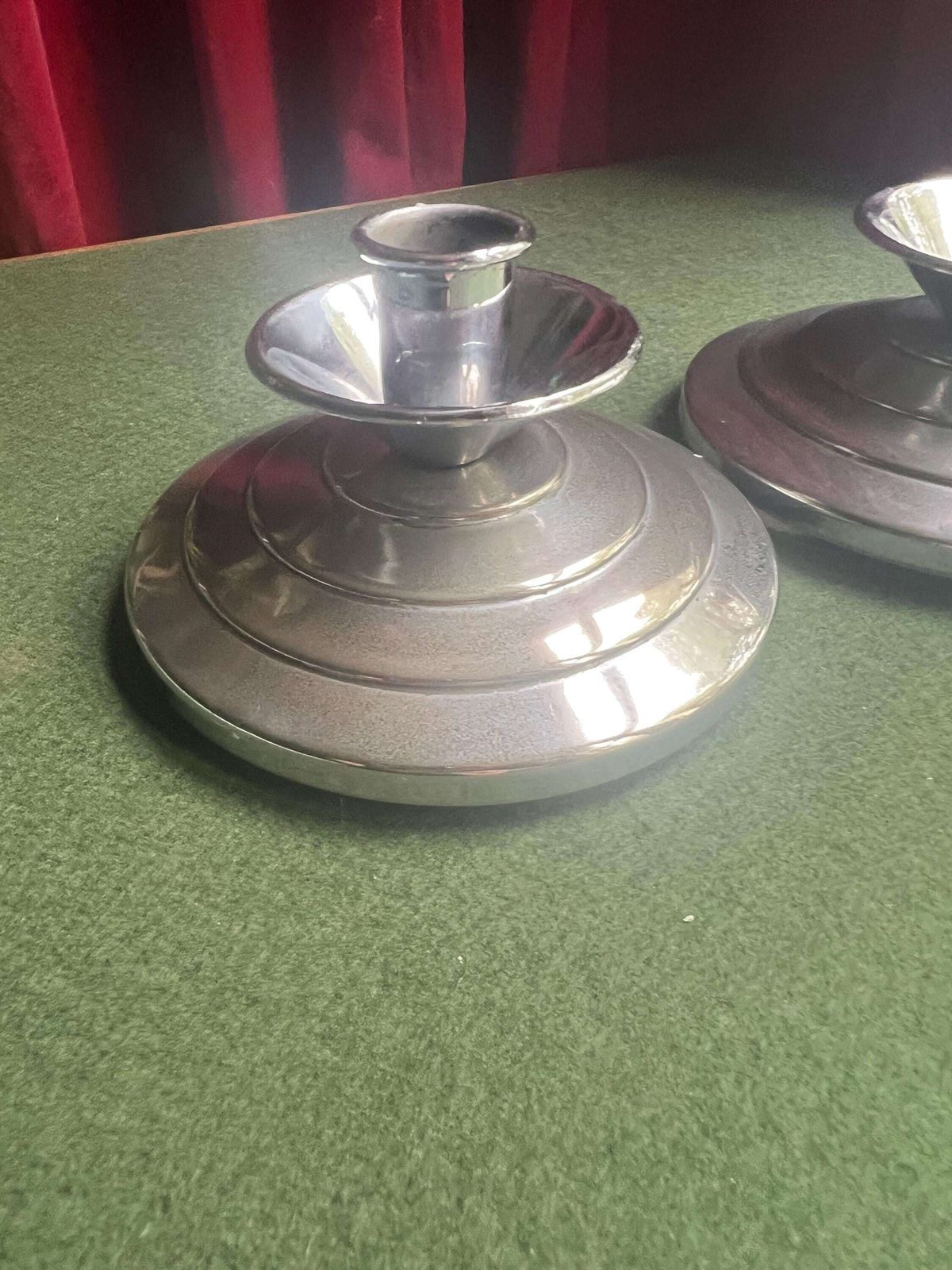 Pair Of Art Deco Style Silver Tone Candlesticks. Stepped Design Metal Candle Holders. photo furniture