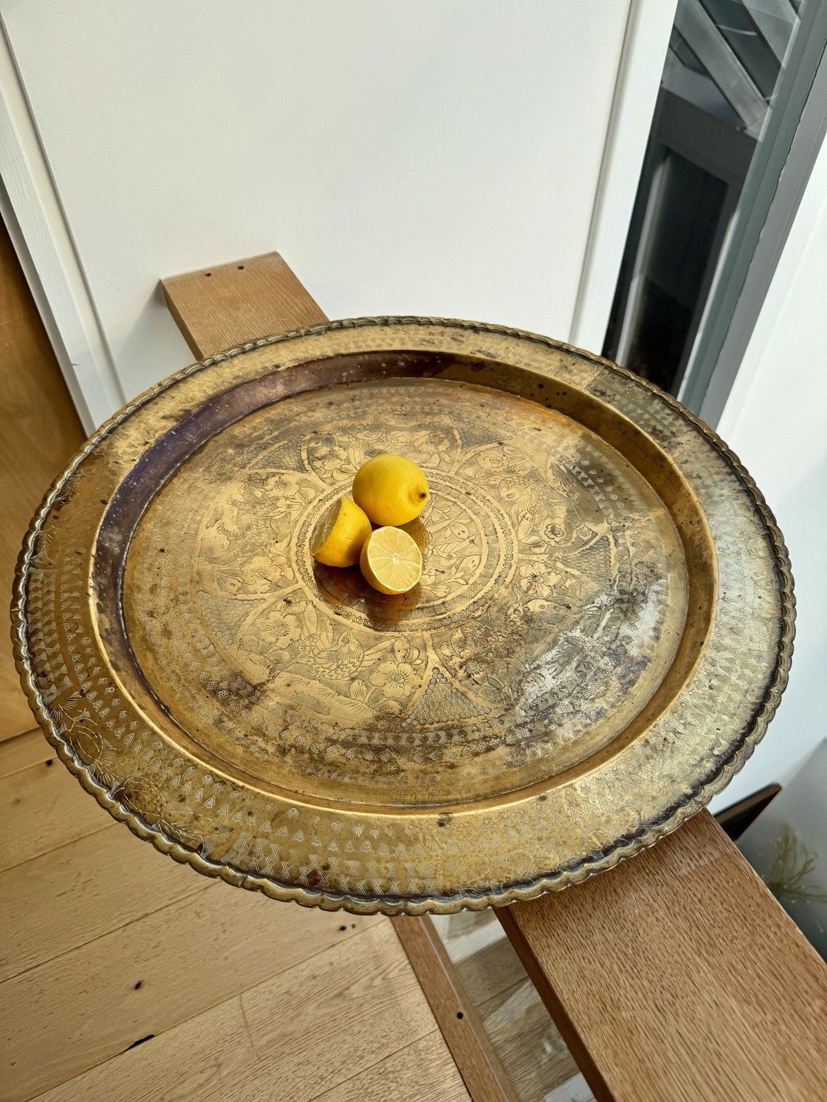 60.0 Vintage Large Brass Hammered Tray Animals & Flowers Made In Hong Kong photo