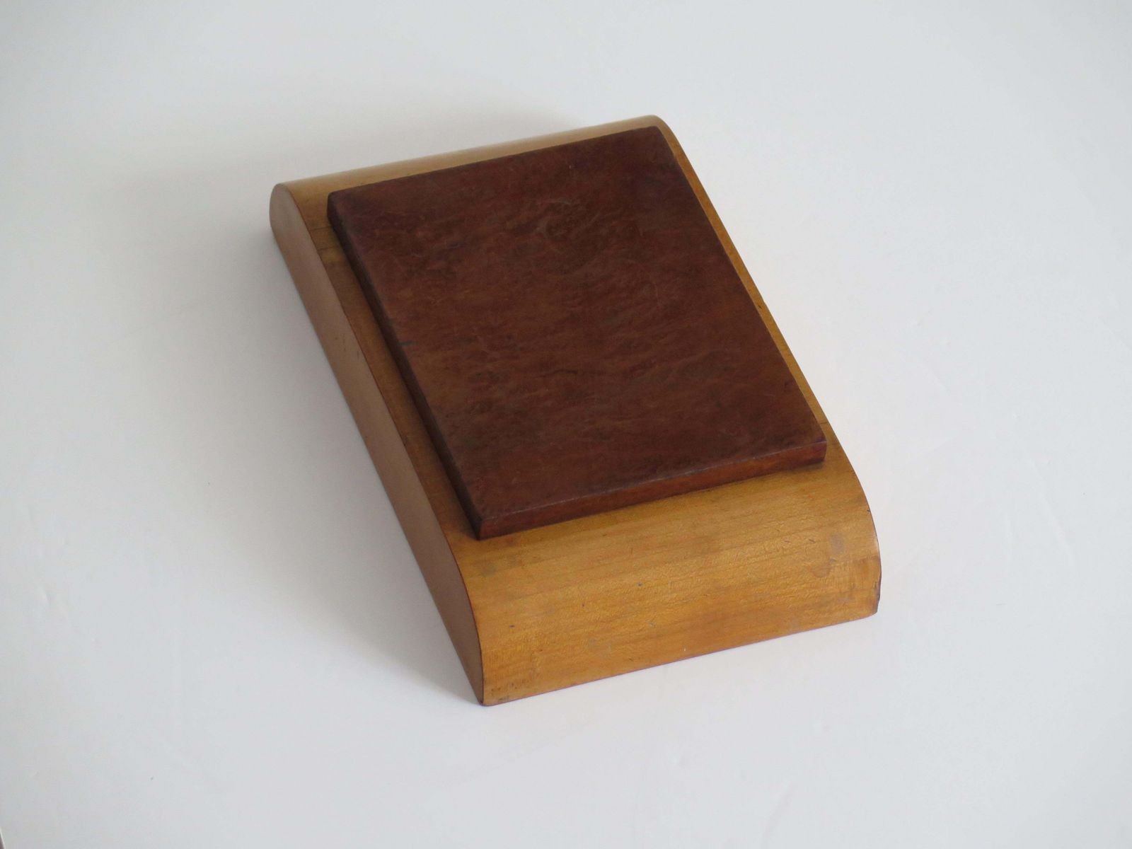 photo for sale Art Deco Lidded Box Burr Walnut Hinged Lid On Pale Wood Base, Circa 1925