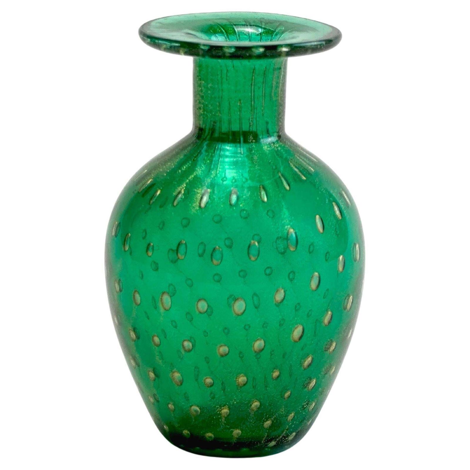 Small Murano Glass Vase In Green And Gold Bullicante, Italy, 1980s