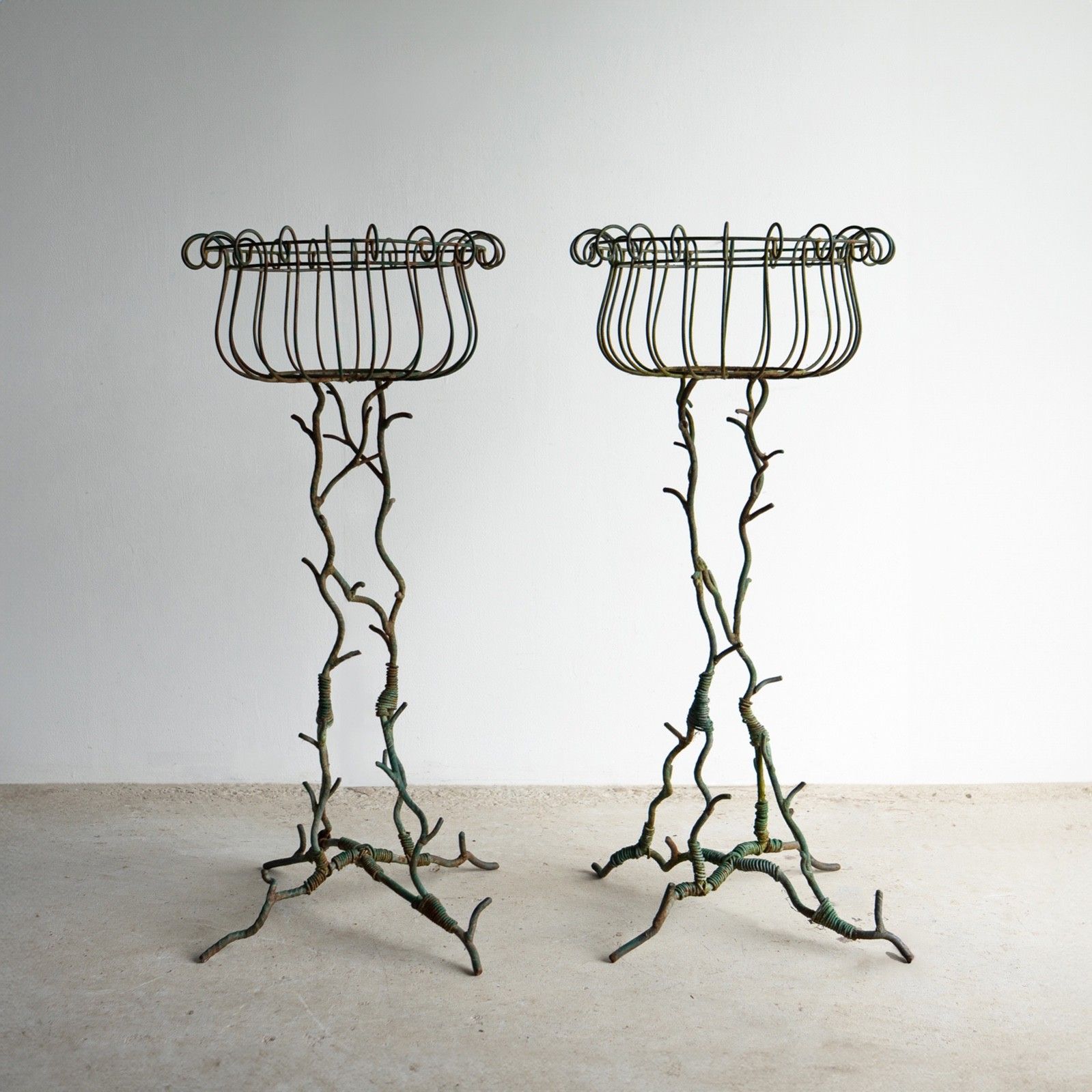 Pair Of Antique French Faux Bois Wrought Iron & Wirework Plant Stand Jardiniere photo for sale