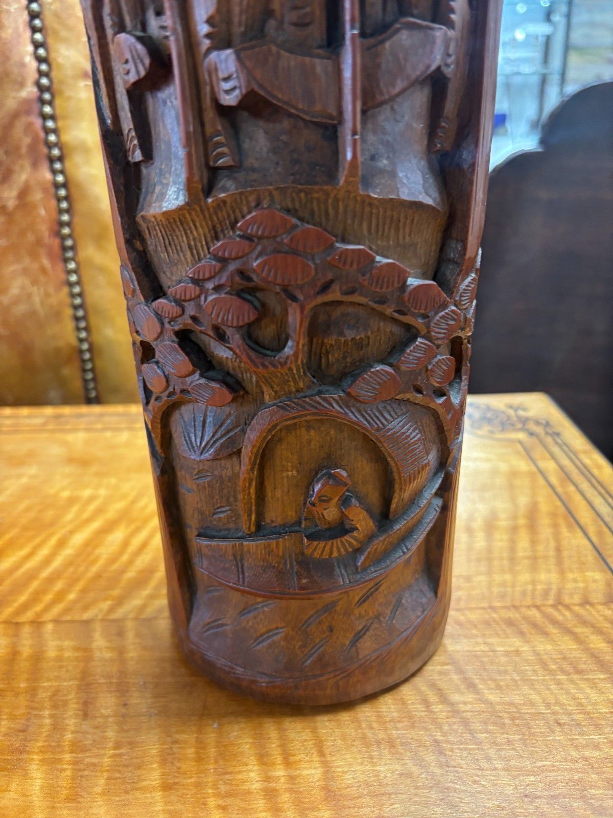 Antique Large Chinese Hand Carved Bamboo Dry Flower Vase photo vinterior