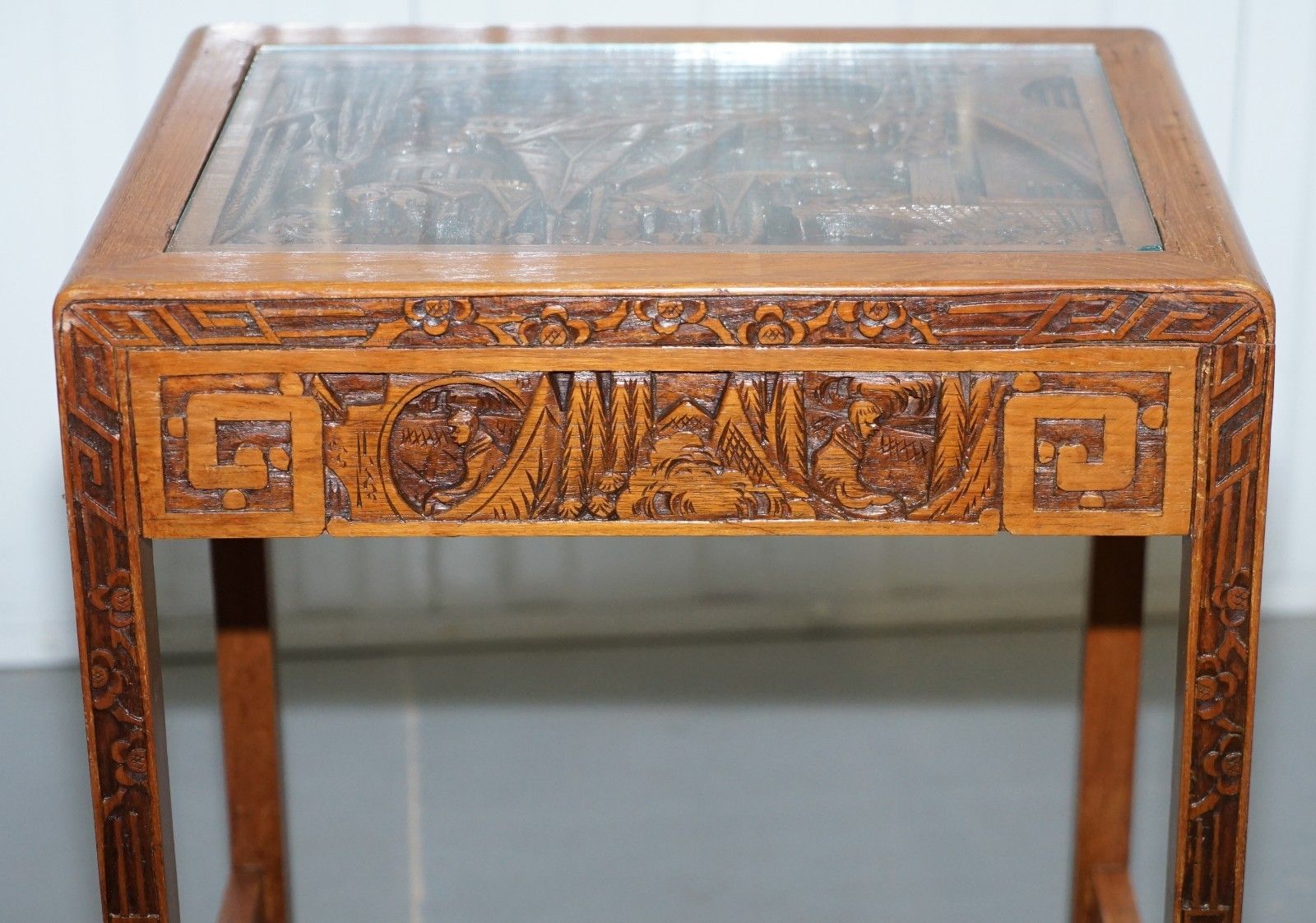 photo furniture Carved Nest Of Chinese Tables Depicting Scenes Of Noblemen Dragon Boat Flowers