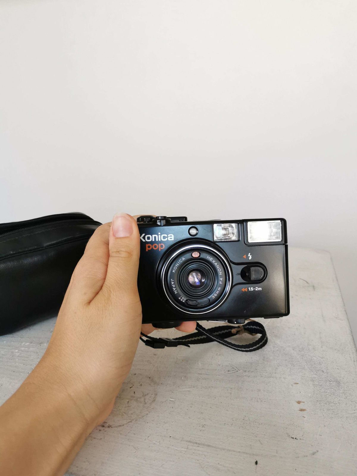 Konica Pop 35mm Film Camera With Hexanon Lens – 1980s Point And Shoot With Case And Cap photo furniture