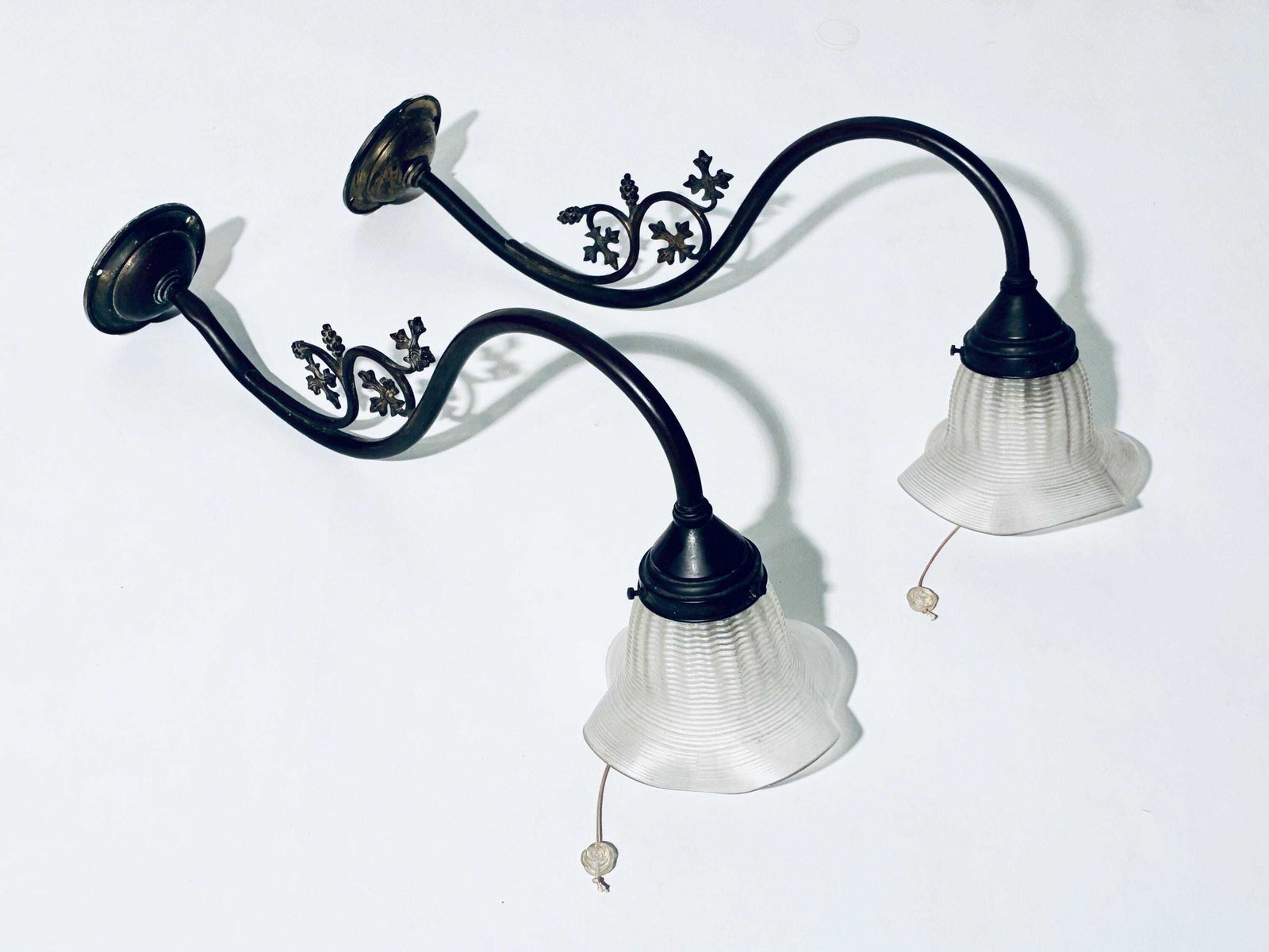 Two Antique Art Nouveau Wall Lamps Frosted Glass Metal Ornamented Arms / 1910 1920s Handmade Decor