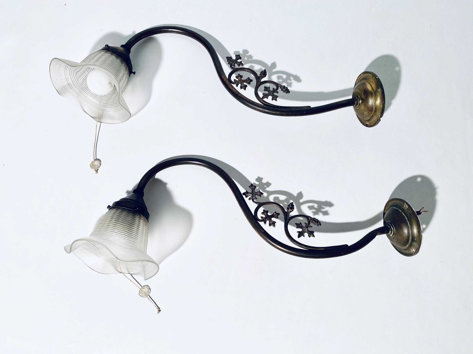 Two Antique Art Nouveau Wall Lamps Frosted Glass Metal Ornamented Arms / 1910 1920s Handmade Decor photo Lighting