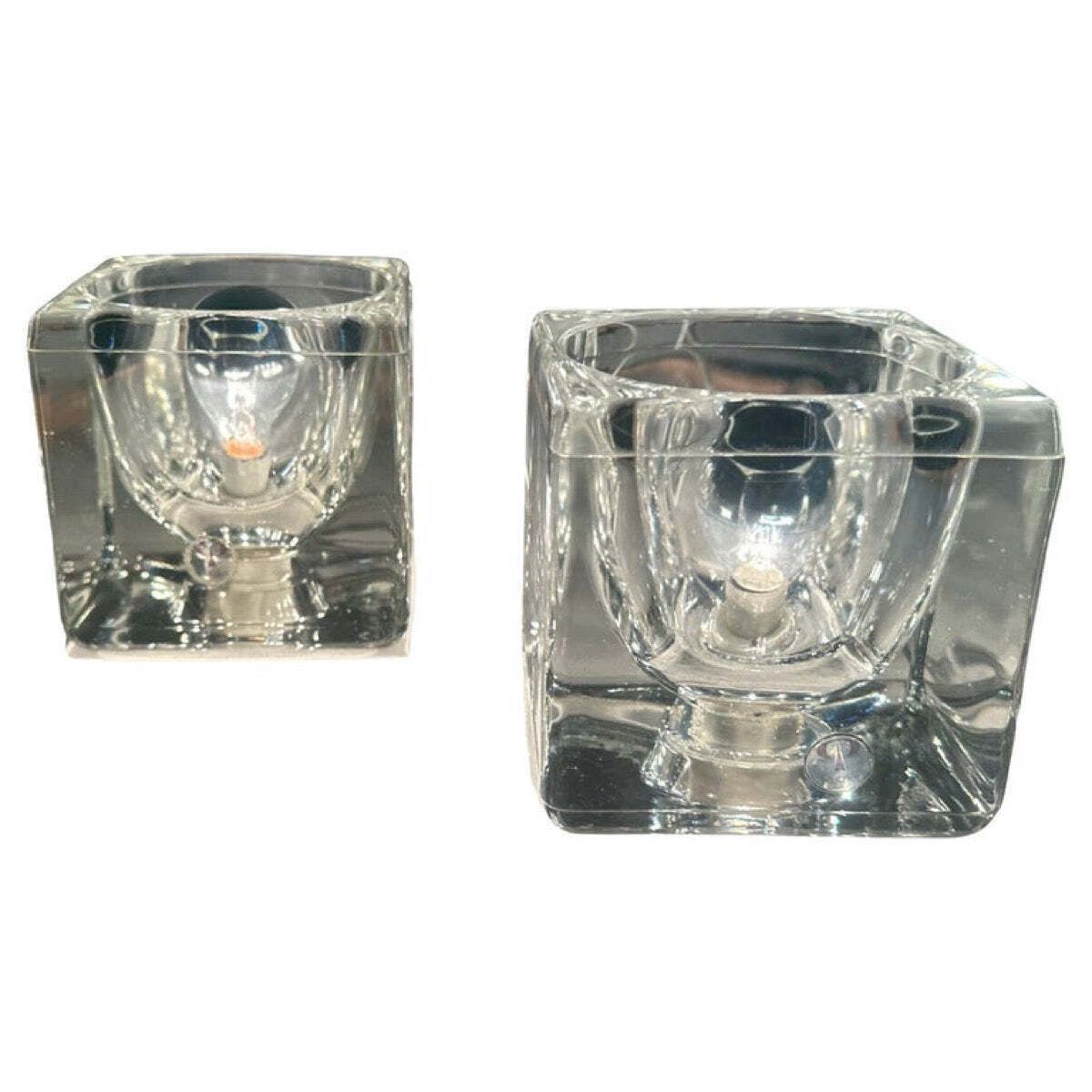 Pair Of 1970s German Peill & Putzler Clear Thick Cubed Glass Table Lamps