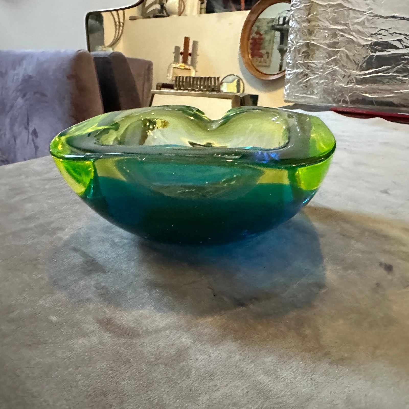 photo furniture 1970s Modern Blue And Green Lime Sommerso Murano Glass Ashtray By Seguso