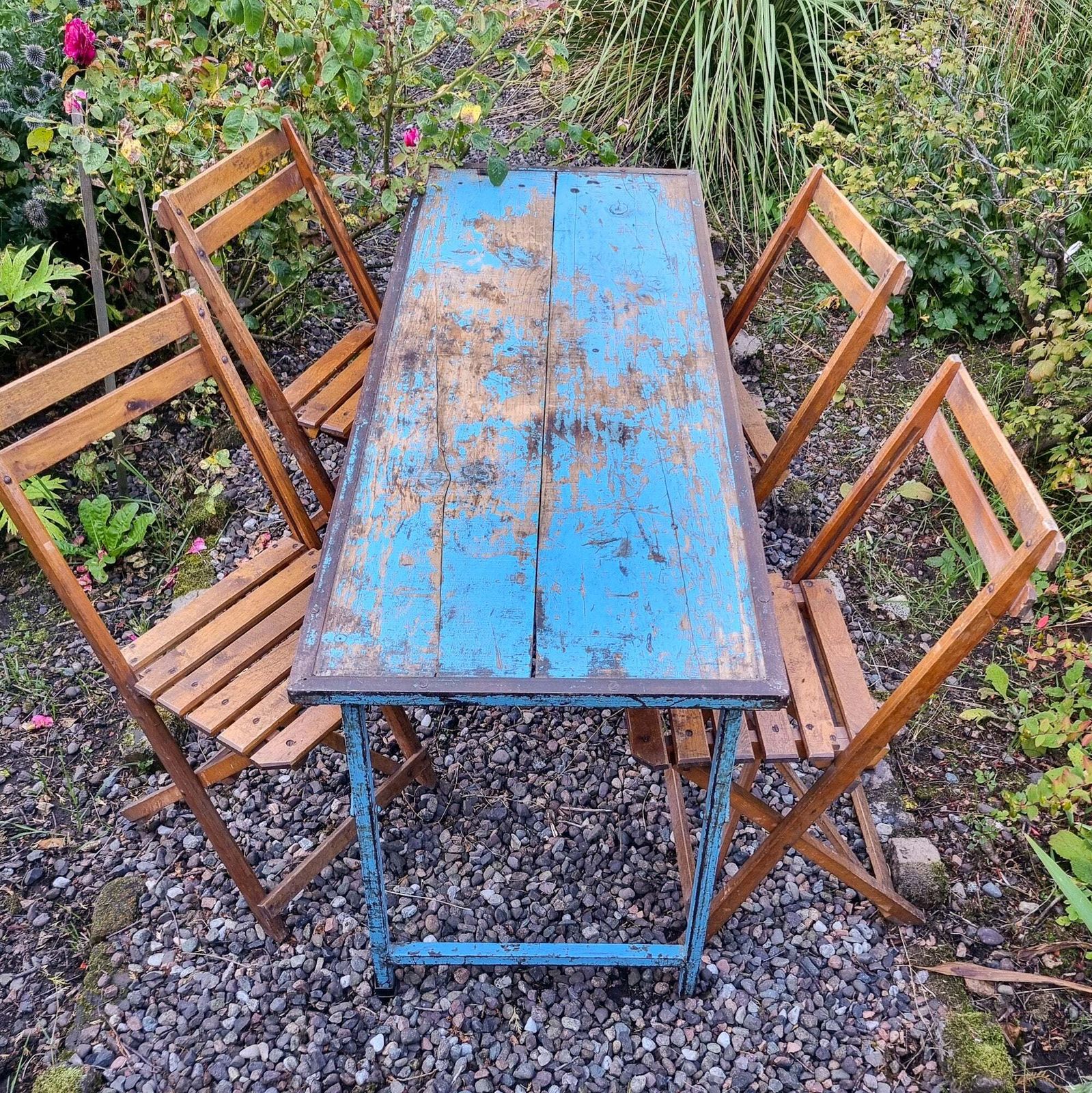 Set Of 4 Vintage Wooden Folding Chair   Slatted photo Furniture
