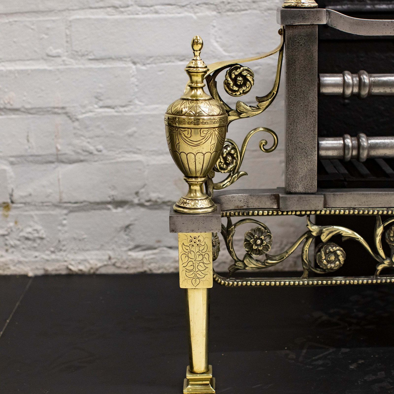 Reclaimed Polished Steel And Brass Cast Iron Fire Basket photo for sale