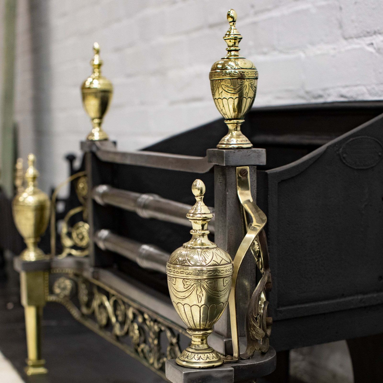 Home Fixtures Reclaimed Polished Steel And Brass Cast Iron Fire Basket photo