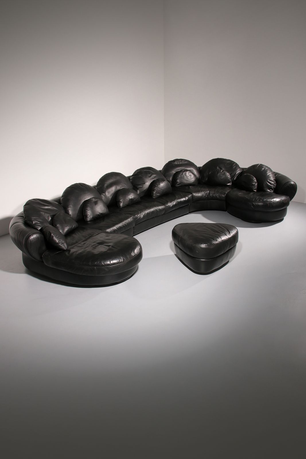 Organically Shaped Post Modern Sectional Sofa In Black Leather