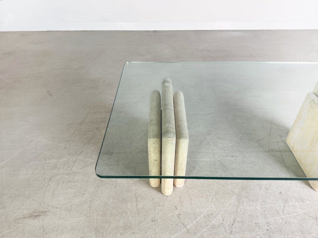 Original Midcentury Travertine Coffee Table Italy Glass Design photo vinterior