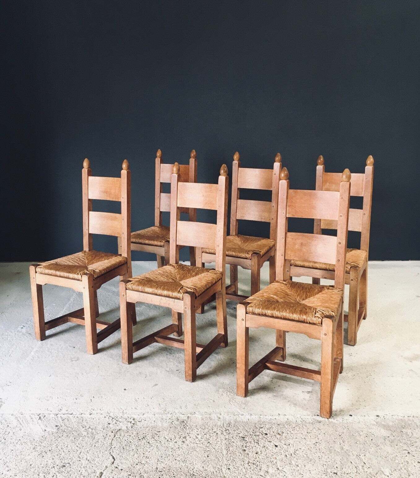 Handgemaakte, Zware Eiken Eetkamerstoelen Met Biezen Zitting, België, Ca. Jaren 1960 photo furniture