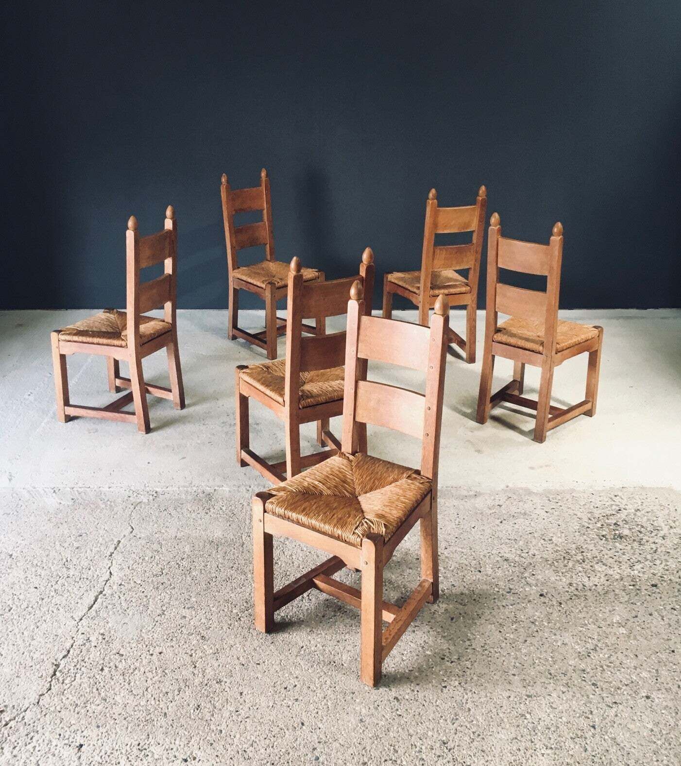 Handgemaakte, Zware Eiken Eetkamerstoelen Met Biezen Zitting, België, Ca. Jaren 1960 photo for sale