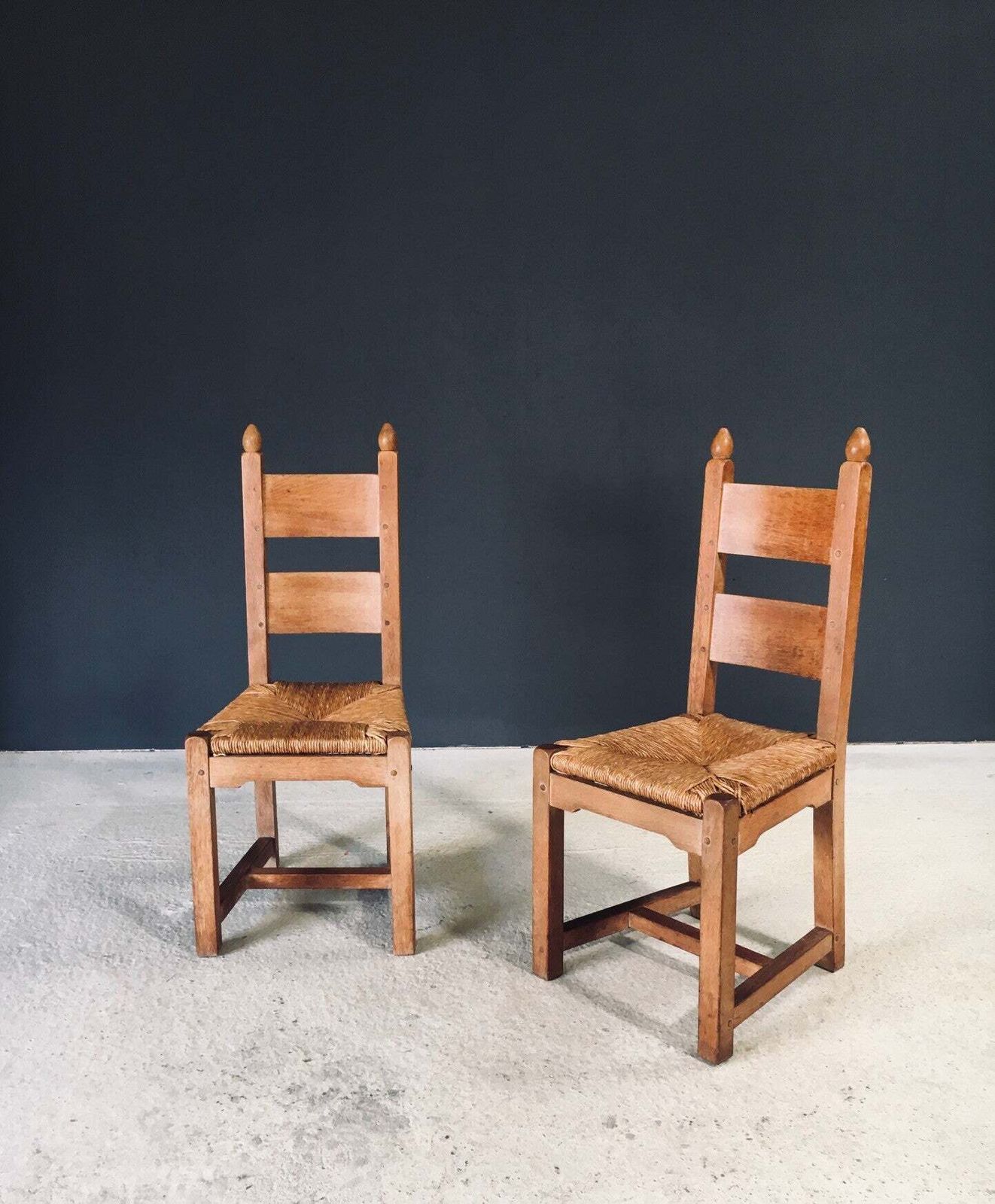 1100.0 Handgemaakte, Zware Eiken Eetkamerstoelen Met Biezen Zitting, België, Ca. Jaren 1960 photo