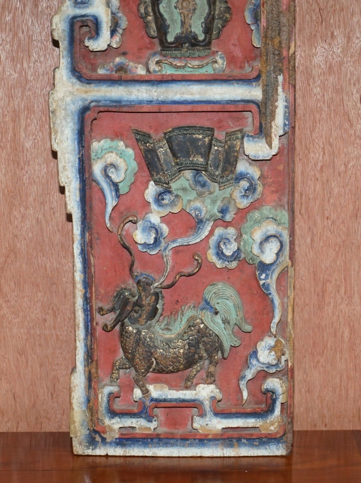 Chinese Circa 1860 Antique Victorian Original Paint Carved Wood Wall Panel photo Art