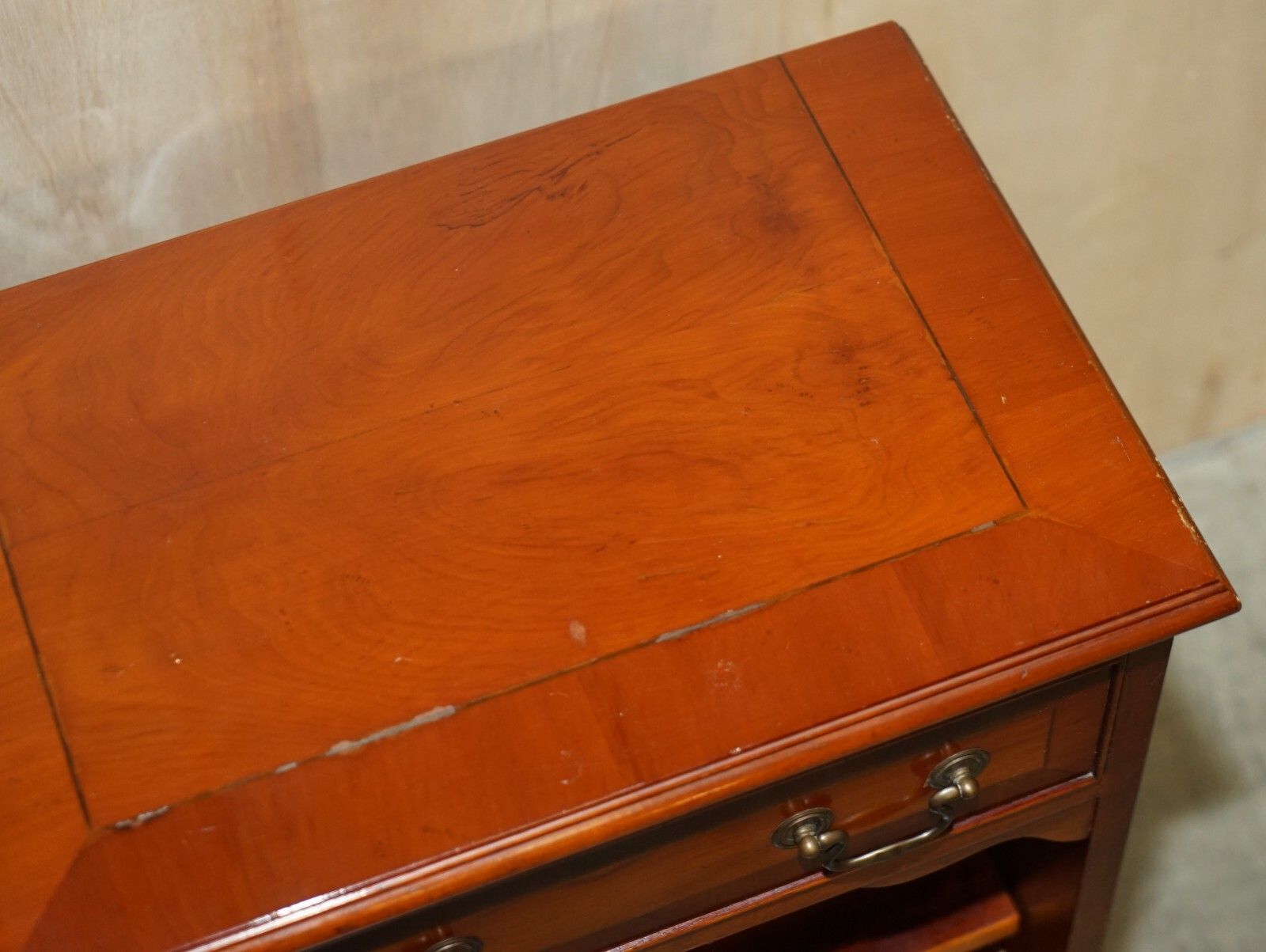 Vintage Yew Wood Side / End Sized Book Table With Single Drawer And Bookshelves photo vinterior