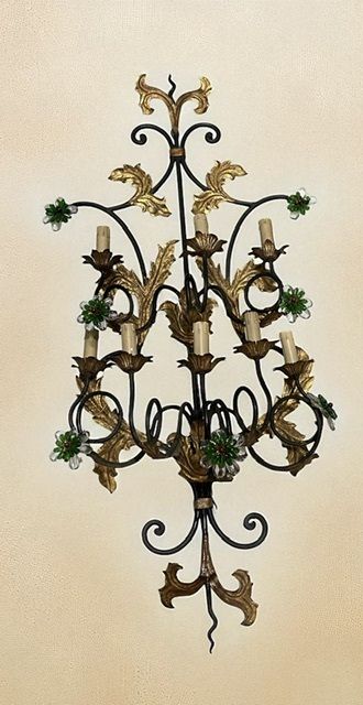 Extra Large Italian Tole Wall Light Sconce With Murano Glass Flowers, 8 Lights photo for sale