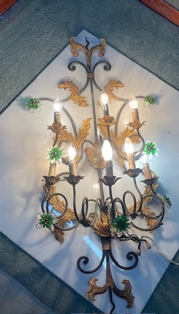 Extra Large Italian Tole Wall Light Sconce With Murano Glass Flowers, 8 Lights photo Lighting