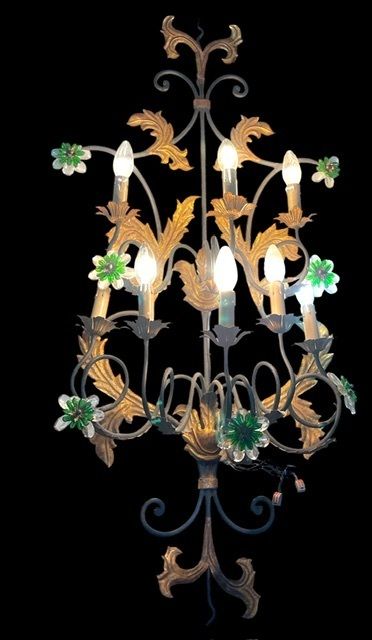 Lighting Extra Large Italian Tole Wall Light Sconce With Murano Glass Flowers, 8 Lights photo