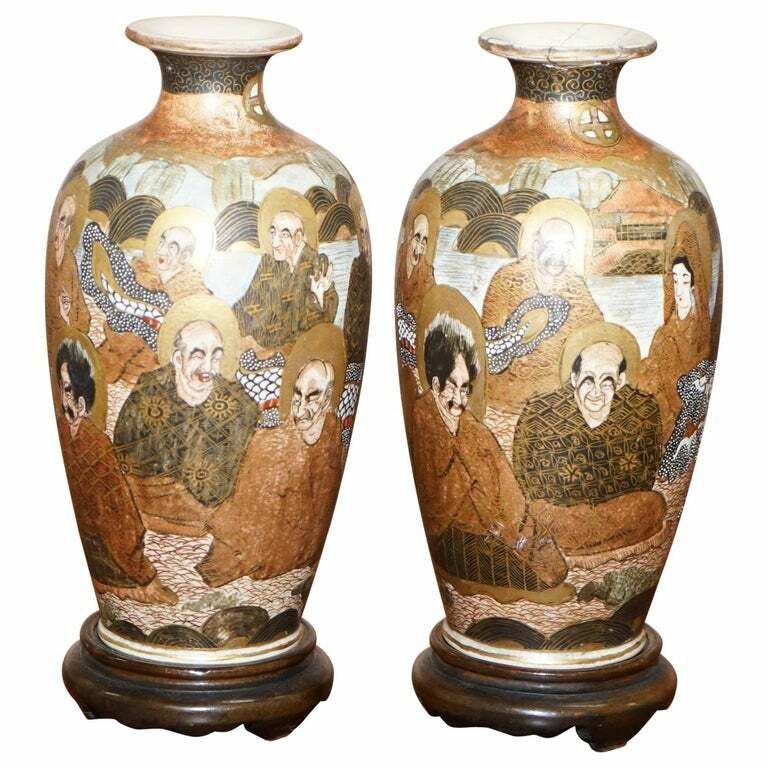 Pair Of Antique Chinese Or Japanese Oriental Vases Hand Painted And Signed Urns