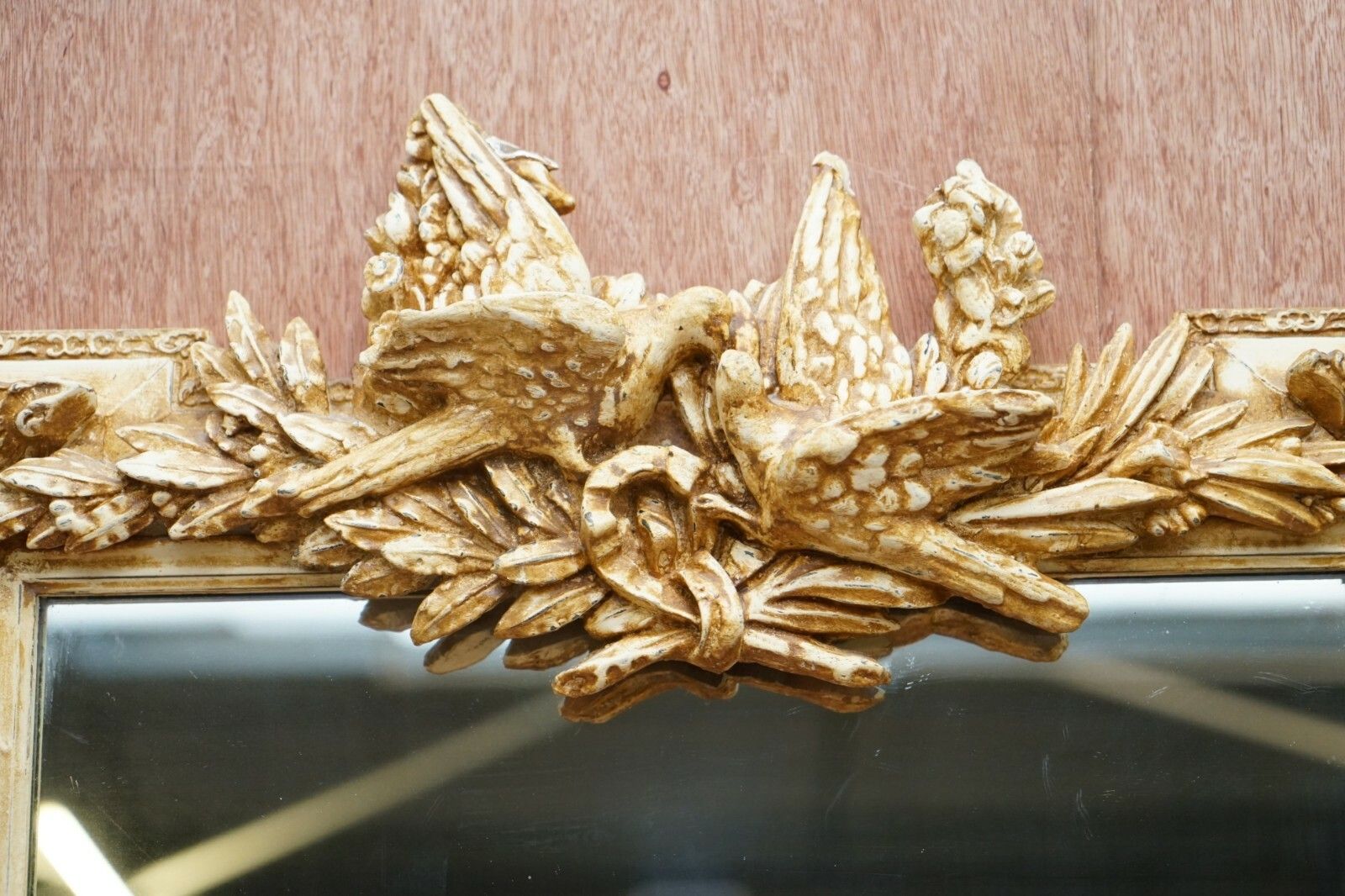 Ornately Decorated Wedding Mirror Depicting Two Turtle Doves Kissing Gilt Decor photo furniture