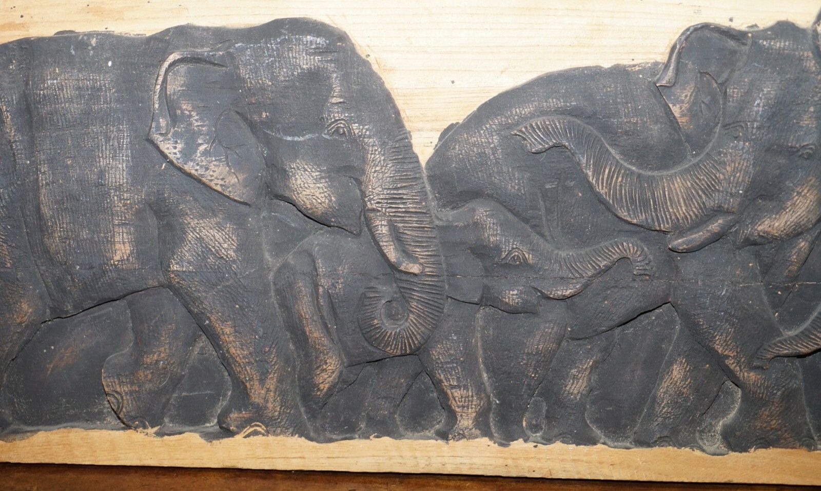 Lovely Vintage Carved Wood Display Depicting A Herd Of Elephants Circa 1960's photo vinterior