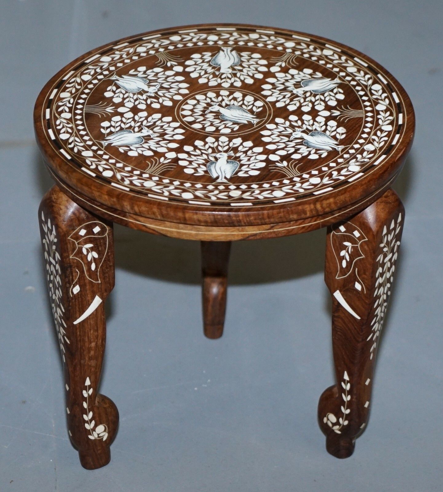 Anglo Indian Export Rosewood Elephant Inlaid Side Lamp End Wine Table Flowers photo furniture