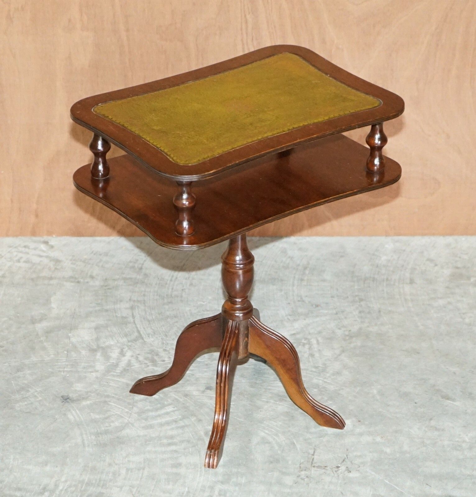 Vintage Green Leather & Mahogany Tripod Magazine Newspaper Side End Lamp Table photo furniture